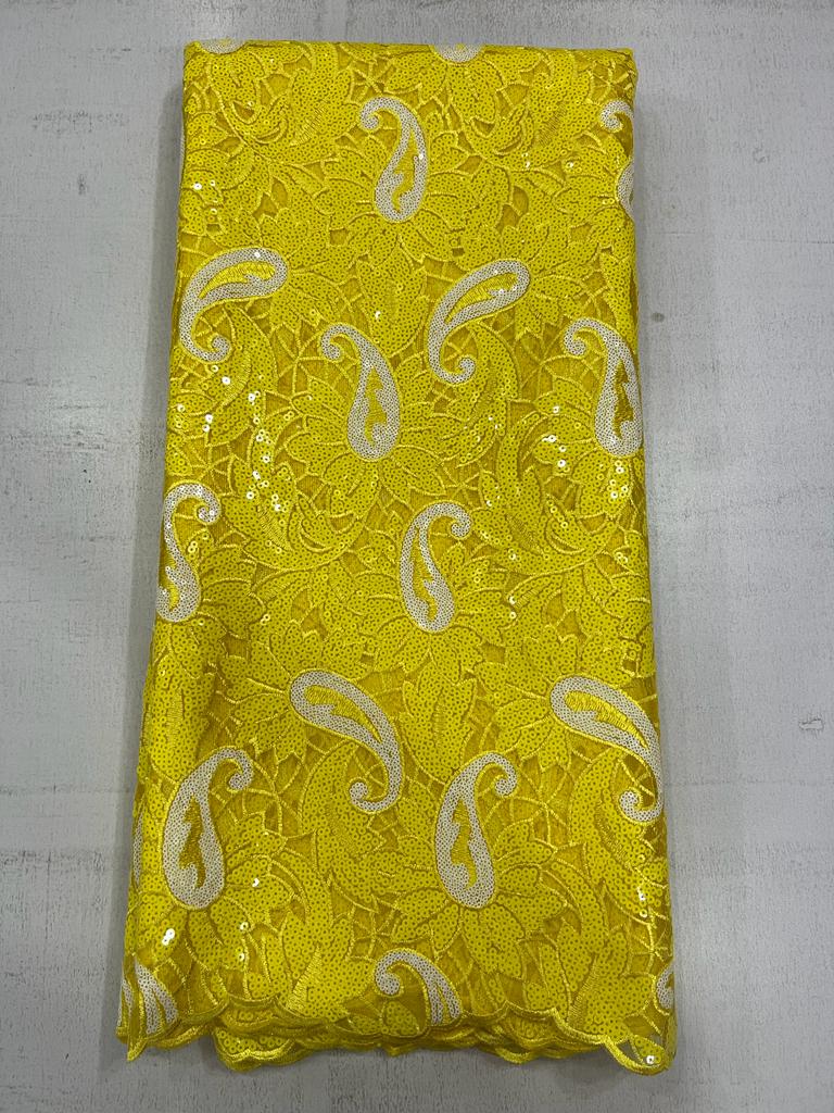 Bright Yellow Paisley Net Sequin Lace Fabric | Luxury Aso Ebi Fabric 5236 4 Bright Yellow Paisley Net Sequin Lace Fabric | Luxury Aso Ebi Fabric 5236