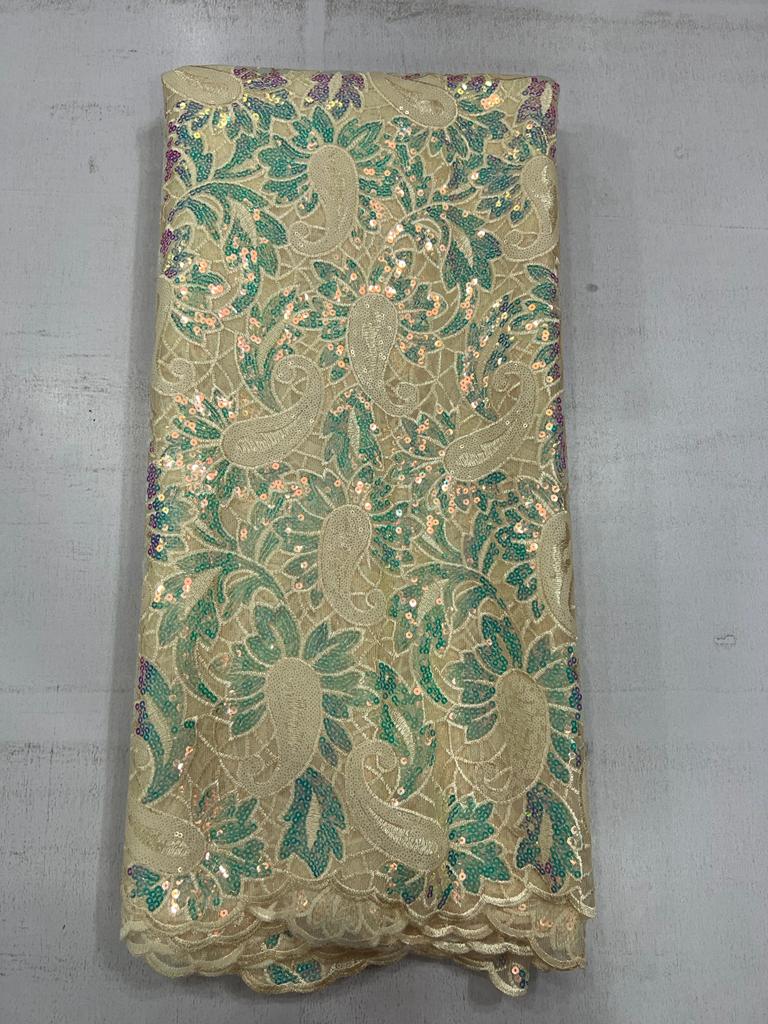 Bright Yellow Paisley Net Sequin Lace Fabric | Luxury Aso Ebi Fabric 5236 6 Bright Yellow Paisley Net Sequin Lace Fabric | Luxury Aso Ebi Fabric 5236 - Image 3