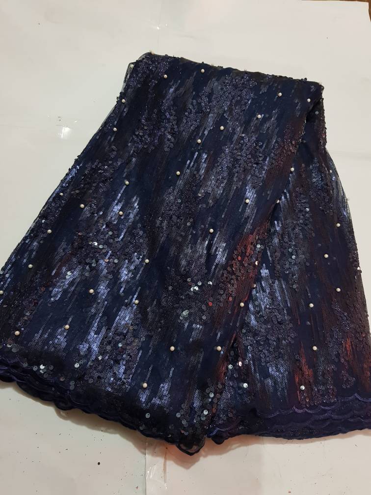 Navy Blue Pearl Net Sequin Lace Fabric |T2002 4 Navy Blue Pearl Net Sequin Lace Fabric |T2002