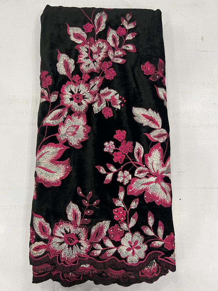 Luxury Black Floral Embroidered Velvet Fabric VC605 4 Luxury Black Floral Embroidered Velvet Fabric VC605