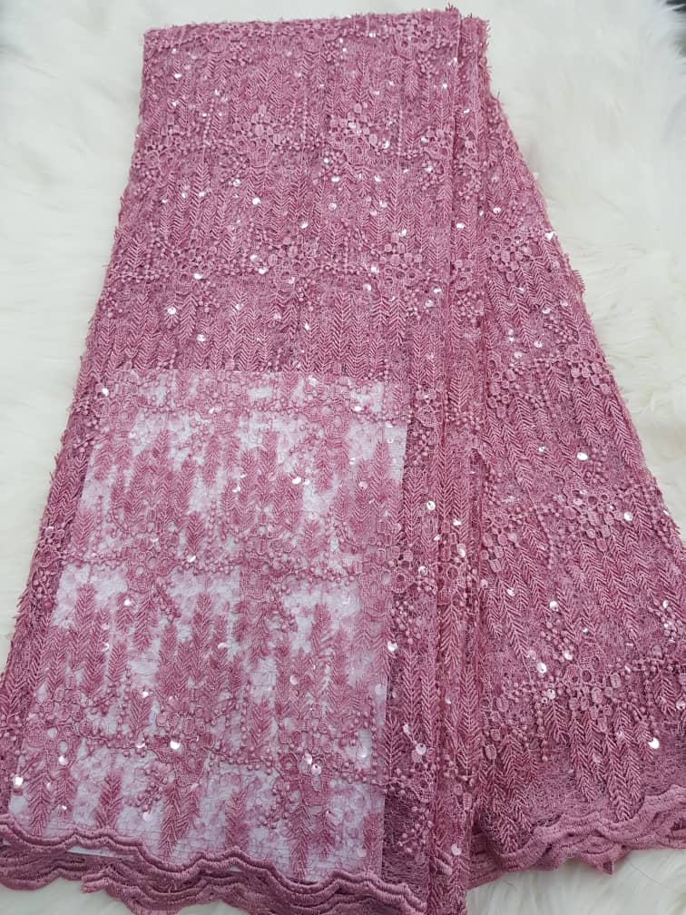 Luxury Baby Pink Fern Design Lace Fabric for Aso Ebi, Weddings Elegant Occasion Wear T045 7 Luxury Baby Pink Fern Design Lace Fabric for Aso Ebi, Weddings Elegant Occasion Wear T045 - Image 4
