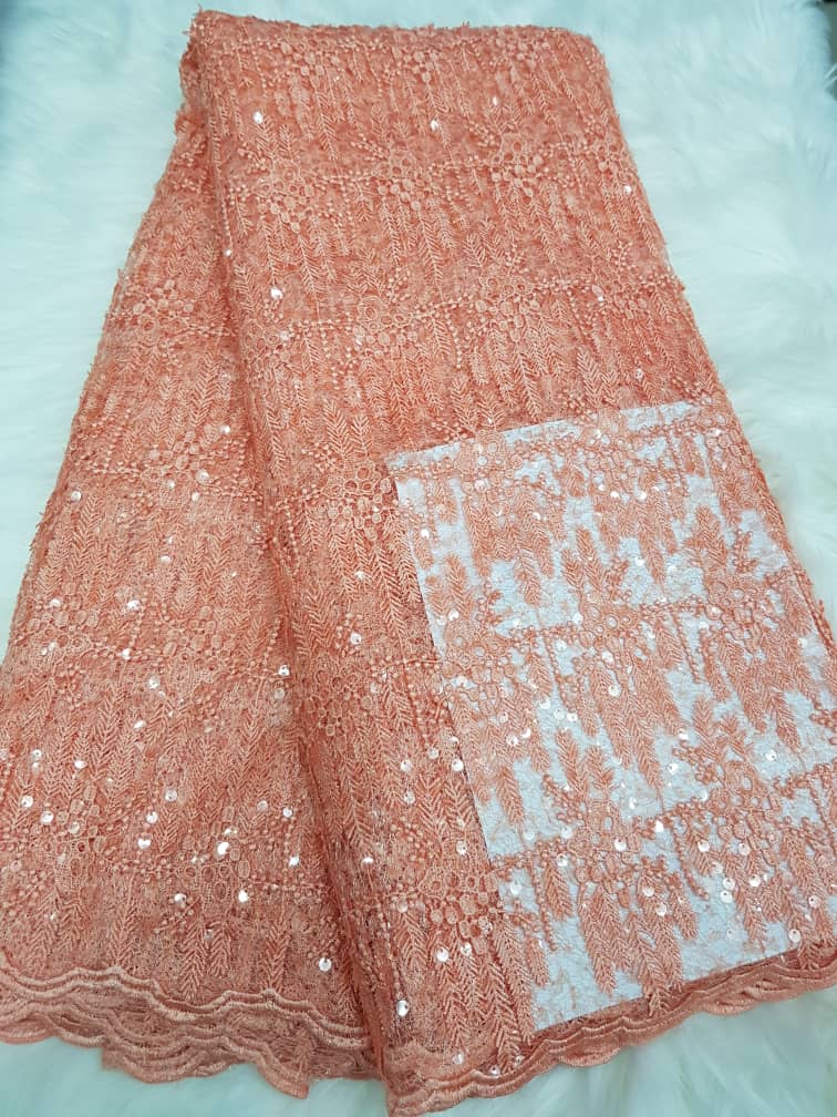 Luxury Baby Pink Fern Design Lace Fabric for Aso Ebi, Weddings Elegant Occasion Wear T045 11 Luxury Baby Pink Fern Design Lace Fabric for Aso Ebi, Weddings Elegant Occasion Wear T045 - Image 8