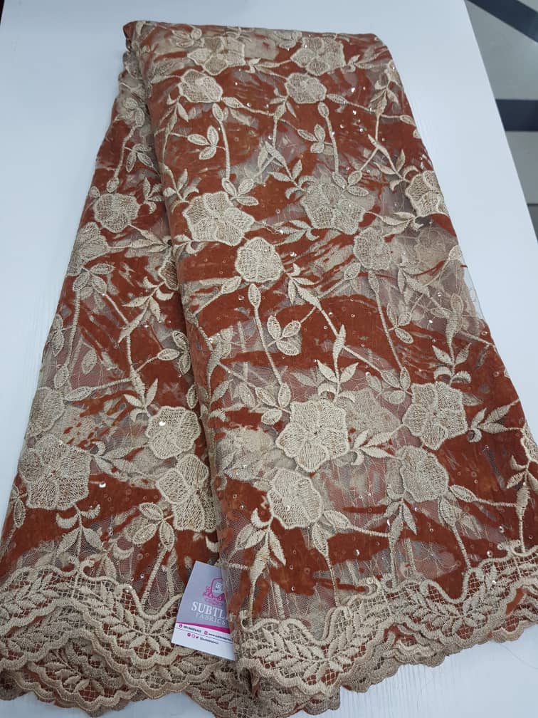 Luxury Floral Embroidered Net Lace Fabric in Burnt Orange and Champagne Gold T052 4 Luxury Floral Embroidered Net Lace Fabric in Burnt Orange and Champagne Gold T052