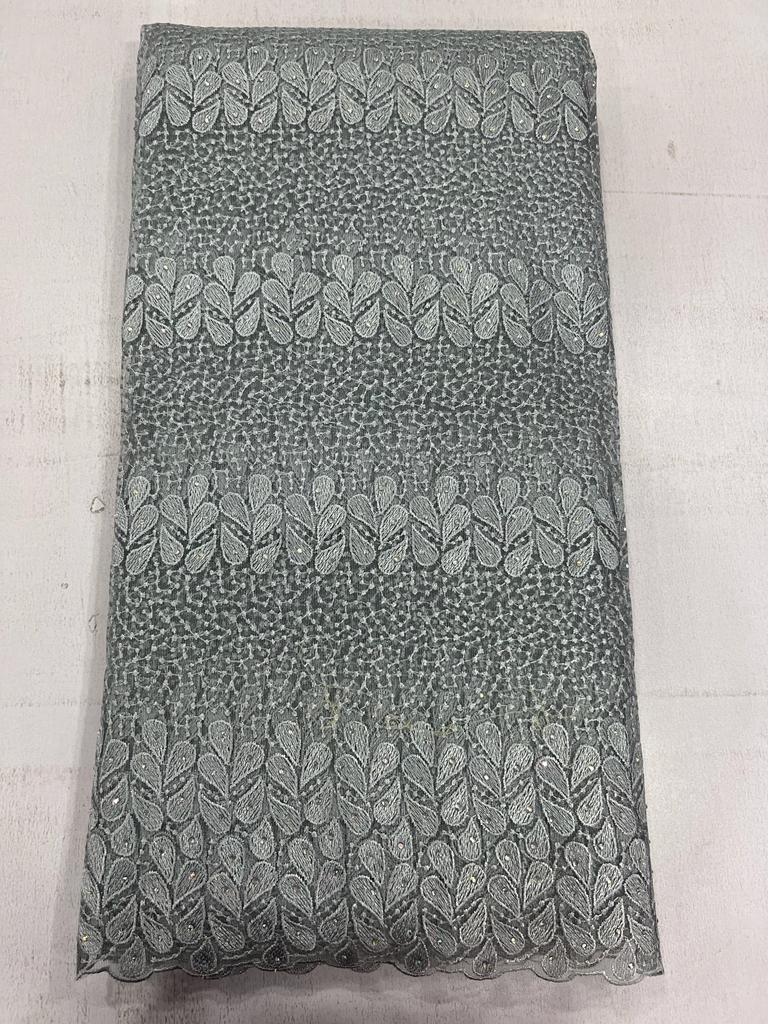Luxury Sky Blue Floral Leaf Pattern Cord Lace Fabric with Stone Embellishments |17086 6 Luxury Sky Blue Floral Leaf Pattern Cord Lace Fabric with Stone Embellishments |17086 - Image 3