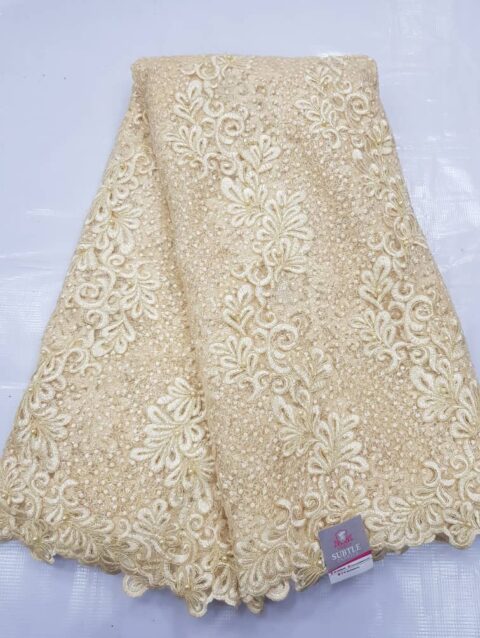 Luxury Ivory Cord Lace Fabric with Baroque Floral Embroidery and Pearl Embellishments TOM PIMPLE