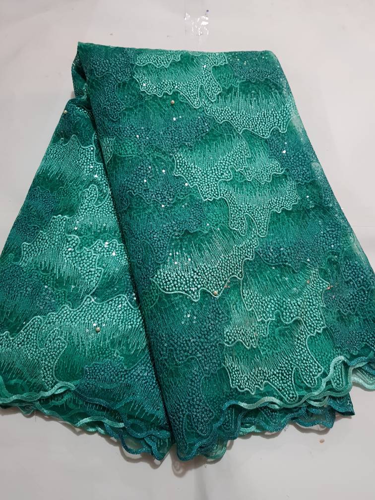 Luxury Teal Green Abstract Wave Sequin Net Lace Fabric with Pearl Embroidery 1130 4 Luxury Teal Green Abstract Wave Sequin Net Lace Fabric with Pearl Embroidery 1130