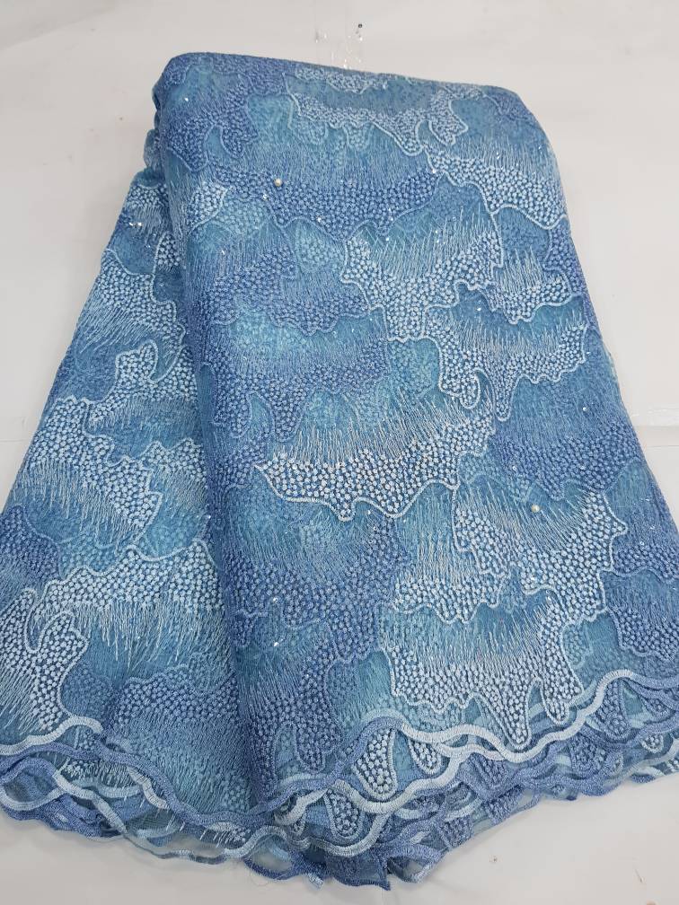 Luxury Teal Green Abstract Wave Sequin Net Lace Fabric with Pearl Embroidery 1130 8 Luxury Teal Green Abstract Wave Sequin Net Lace Fabric with Pearl Embroidery 1130 - Image 5