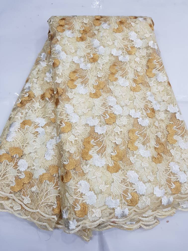 Luxury Gold and Ivory Floral Cord Lace Fabric |16139 4 Luxury Gold and Ivory Floral Cord Lace Fabric |16139