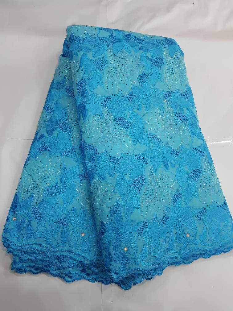 Sky Blue Embroidered Lace Fabric 1148 4 Sky Blue Embroidered Lace Fabric 1148