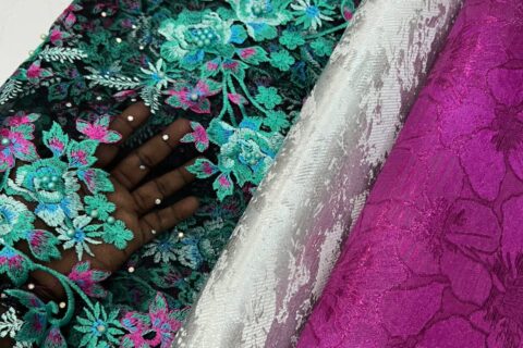 Premium Floral Embroidered Lace Fabric with Pearl Bead Embellishments 171200