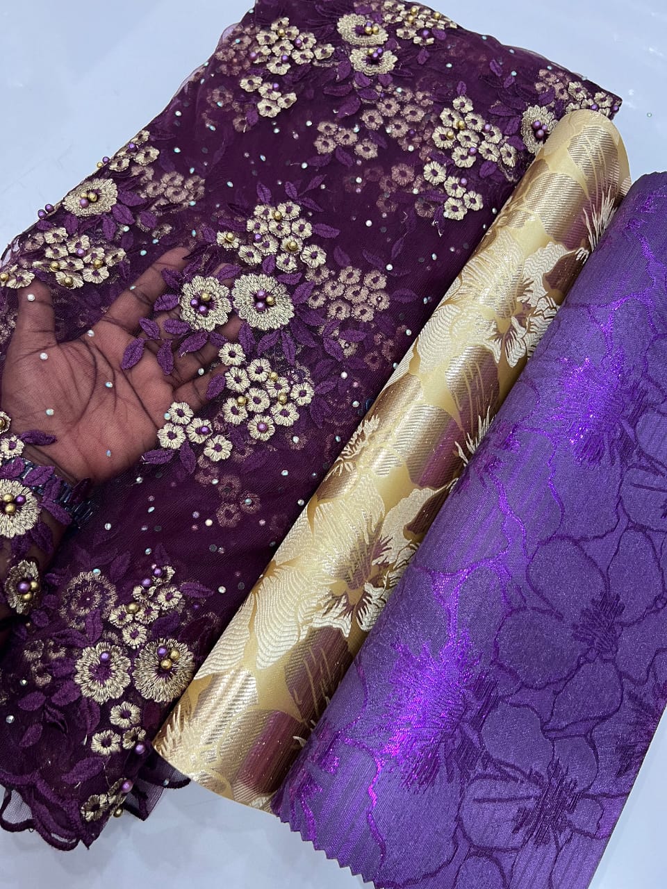 Premium Floral Embroidered Lace Fabric with Pearl Beads – Purple & Gold 18257 4 Premium Floral Embroidered Lace Fabric with Pearl Beads – Purple & Gold 18257
