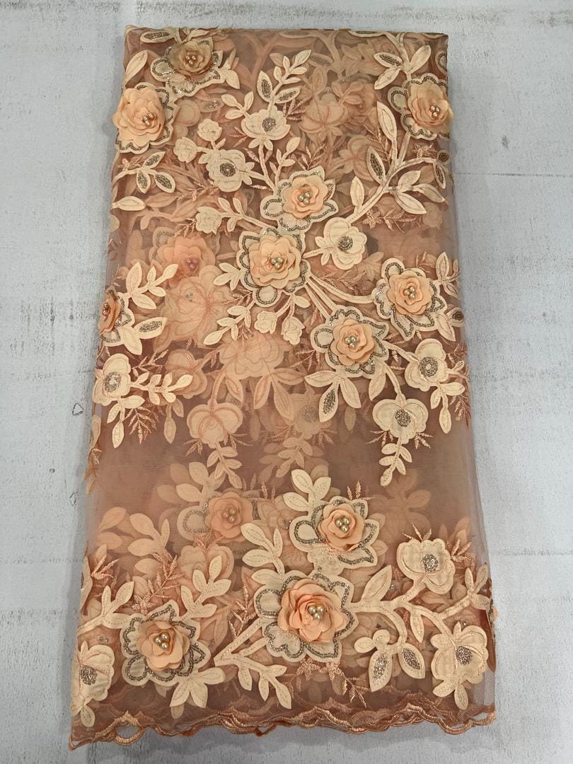Luxury Blush Peach 3D Rose Beaded Lace Fabric | AL326 4 Luxury Blush Peach 3D Rose Beaded Lace Fabric | AL326