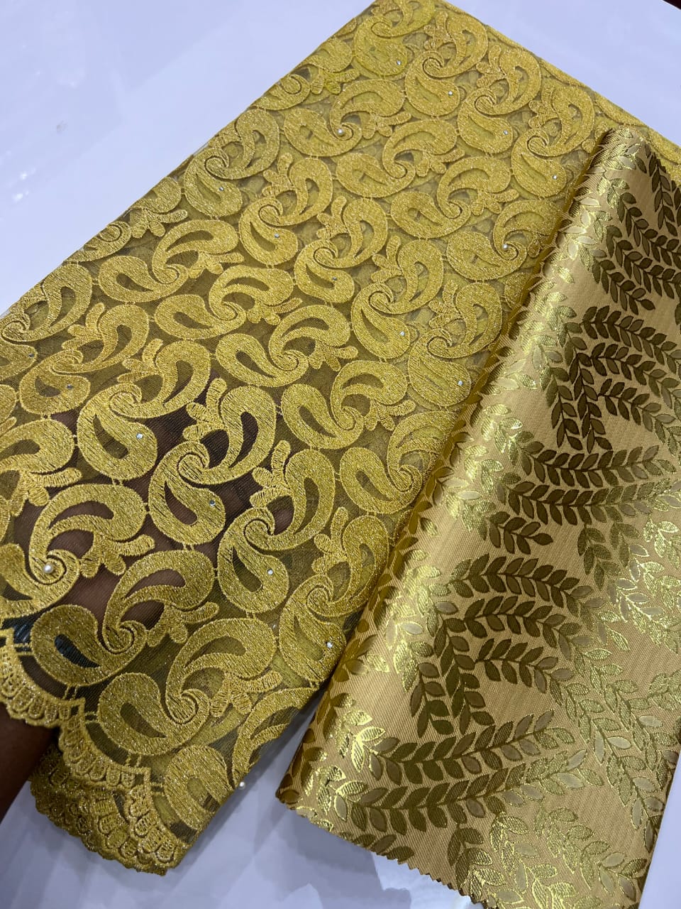 Olive Gold Paisley Lace Fabric with Gold Brocade DJ-16 4 Olive Gold Paisley Lace Fabric with Gold Brocade DJ-16