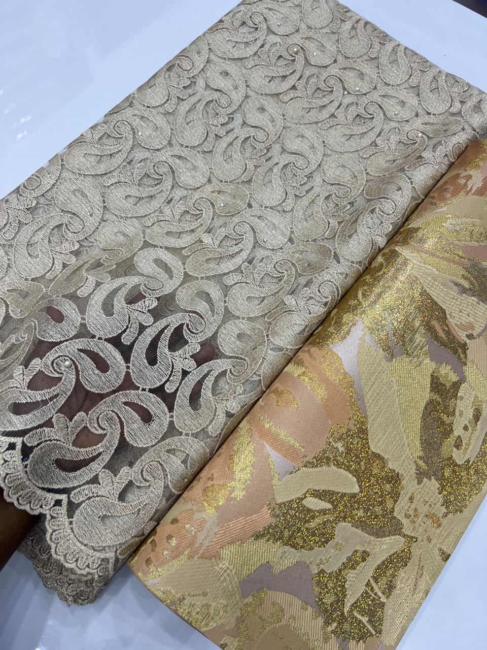 Olive Gold Paisley Lace Fabric with Gold Brocade DJ-16 6 Olive Gold Paisley Lace Fabric with Gold Brocade DJ-16 - Image 3