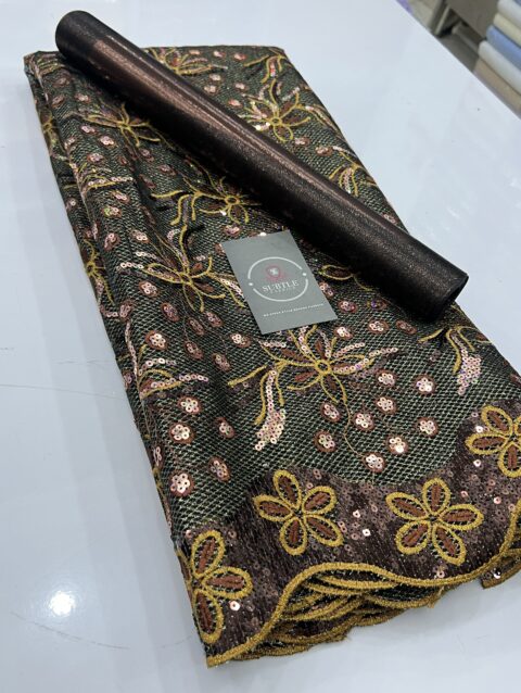 Luxury Sequin Embroidered Lace – Dark Green & Gold Floral Design
