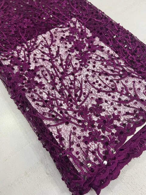 Luxury Plum Relief Leaf Net Sequin Lace Fabric LZ661