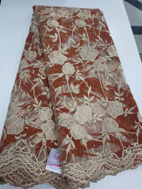 Luxury Floral Embroidered Net Lace Fabric in Burnt Orange and Champagne Gold T052