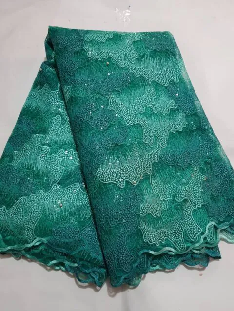 Luxury Teal Green Abstract Wave Sequin Net Lace Fabric with Pearl Embroidery 1130