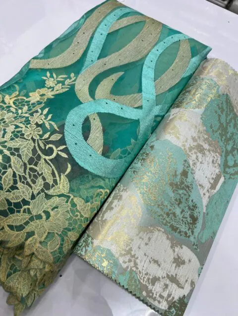 Luxury Aqua Green Burnout Velvet Lace with Premium Mint Jacquard Fabric |2743