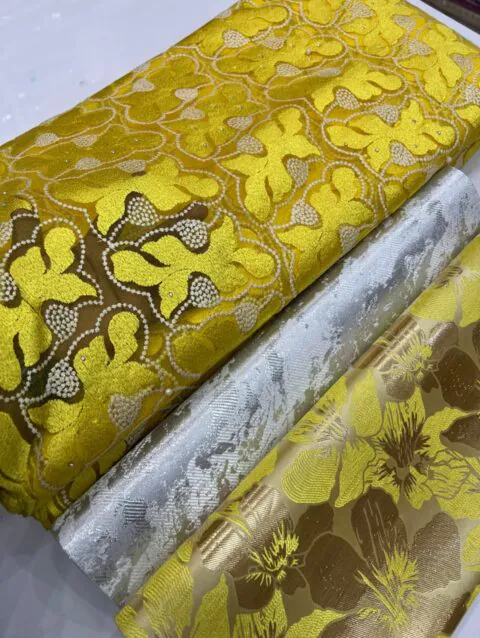 Luxury Sunshine Yellow Embroidered Lace with Silver &; Gold Jacquard Fabric |KAFF 193