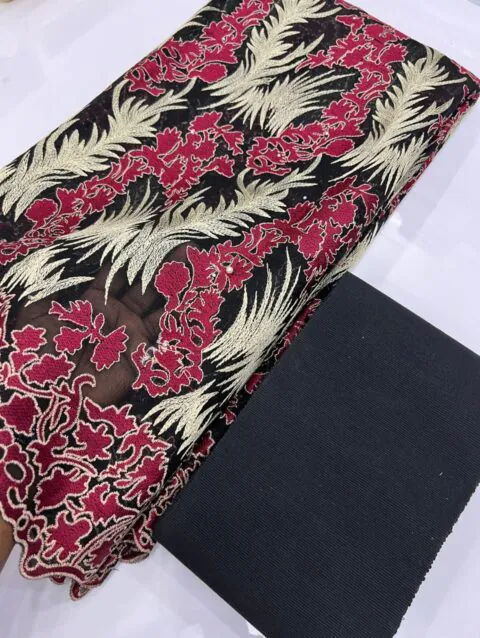 Burgundy Floral Lace Fabricwith Black Plain Fabric |2856